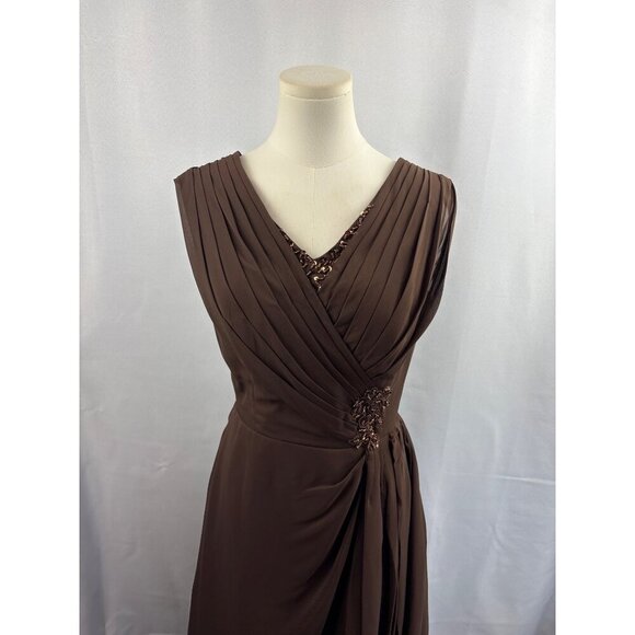 Elegant Brown Evening Gown With Beaded Embellishments & Pleated V-Neck Design - Picture 1 of 5